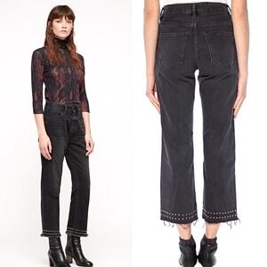 $165 All Saints Ava Stud Hem Crop High Rise Straight leg Jean Washed Black 29